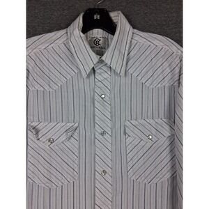 Corral West Ranchwear Mens Shirt M White Blue Metallic Stripe Pearl Snap Dress